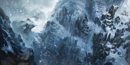 2K Quad HD PC desktop wallpaper from the video game World of Legend: vast, windswept icy peaks and steep, snow-lashed cliffs under a stormy sky.