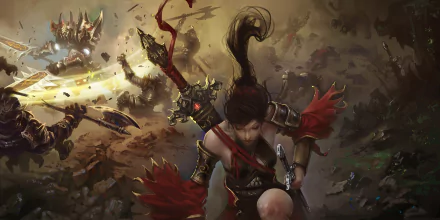 HD PC desktop wallpaper from the video game World of Legend, featuring a fierce warrior in red armor battling in a dark, chaotic battlefield.