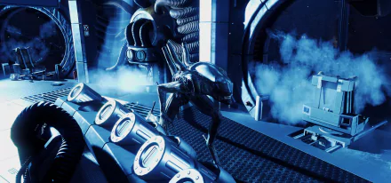 4K Ultra HD desktop wallpaper featuring the Alien from Alien: Isolation on the Nostromo spaceship, showcasing intense sci-fi atmosphere and detailed video game graphics.