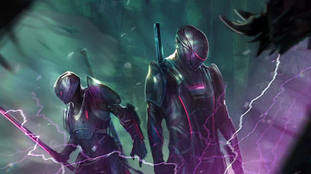 A futuristic sci-fi warrior duo in sleek armor, surrounded by purple lightning, set against a dark, misty background for an HD PC desktop wallpaper.