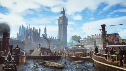 A vibrant HD desktop wallpaper from Assassin's Creed: Syndicate, featuring the Thames River and iconic landmarks like Big Ben, set against a bright, bustling London skyline.