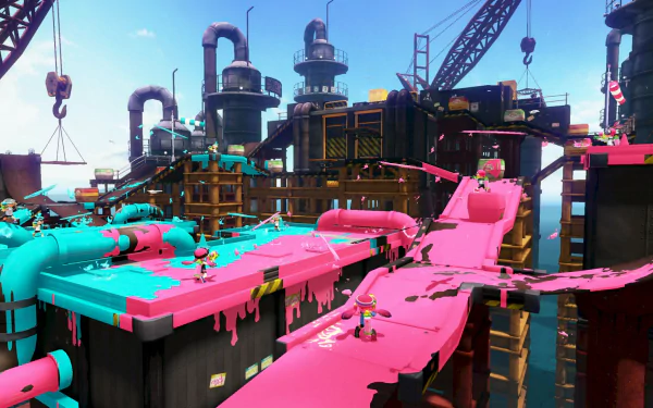 HD Splatoon-themed desktop wallpaper featuring colorful in-game battle arena with pink and blue ink.