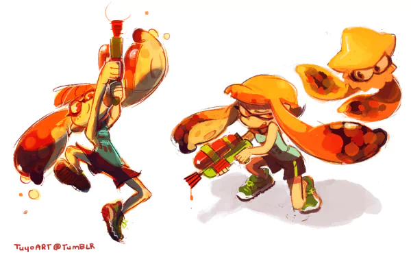 HD desktop wallpaper featuring Splatoon characters engaged in a vibrant ink battle.