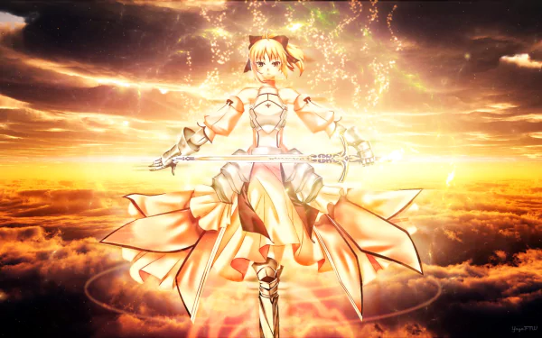 HD desktop wallpaper of Saber from the Fate Series, particularly Fate/Stay Night: Unlimited Blade Works, standing with a glowing sword against a fiery, mystical sky background.