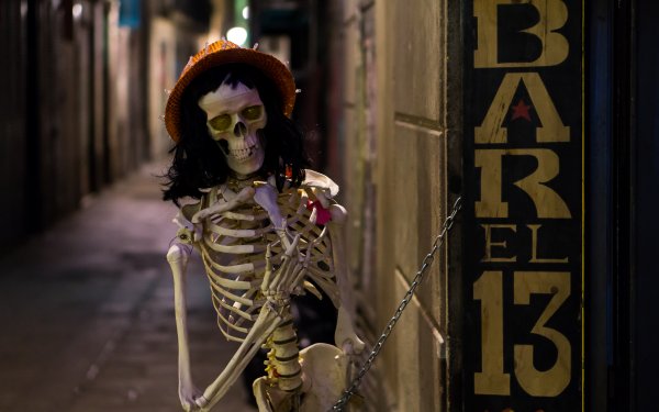 Man Made Bar Barcelona Spain Street Skeleton Hat HD Wallpaper | Background Image