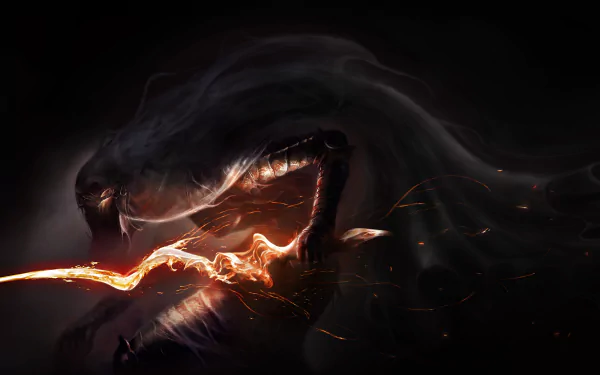HD desktop wallpaper featuring a menacing creature from the video game Dark Souls III, highlighted by dramatic orange light emissions and shadows.