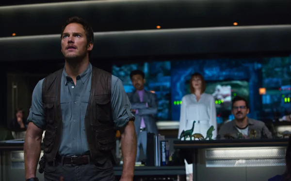 Chris Pratt stands confidently in a control room scene from Jurassic World, surrounded by colleagues, with screens displaying dinosaurs in the background. High-definition desktop wallpaper. 