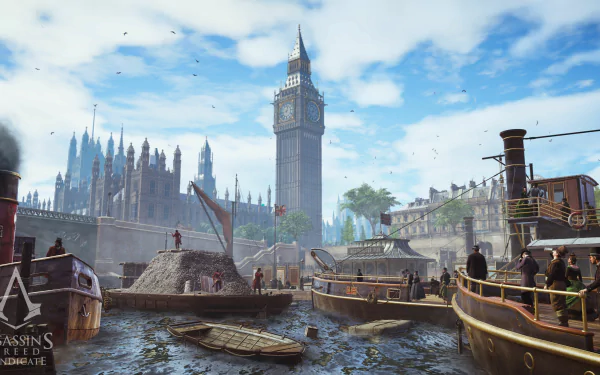 A vibrant HD desktop wallpaper from Assassin's Creed: Syndicate, featuring the Thames River and iconic landmarks like Big Ben, set against a bright, bustling London skyline.