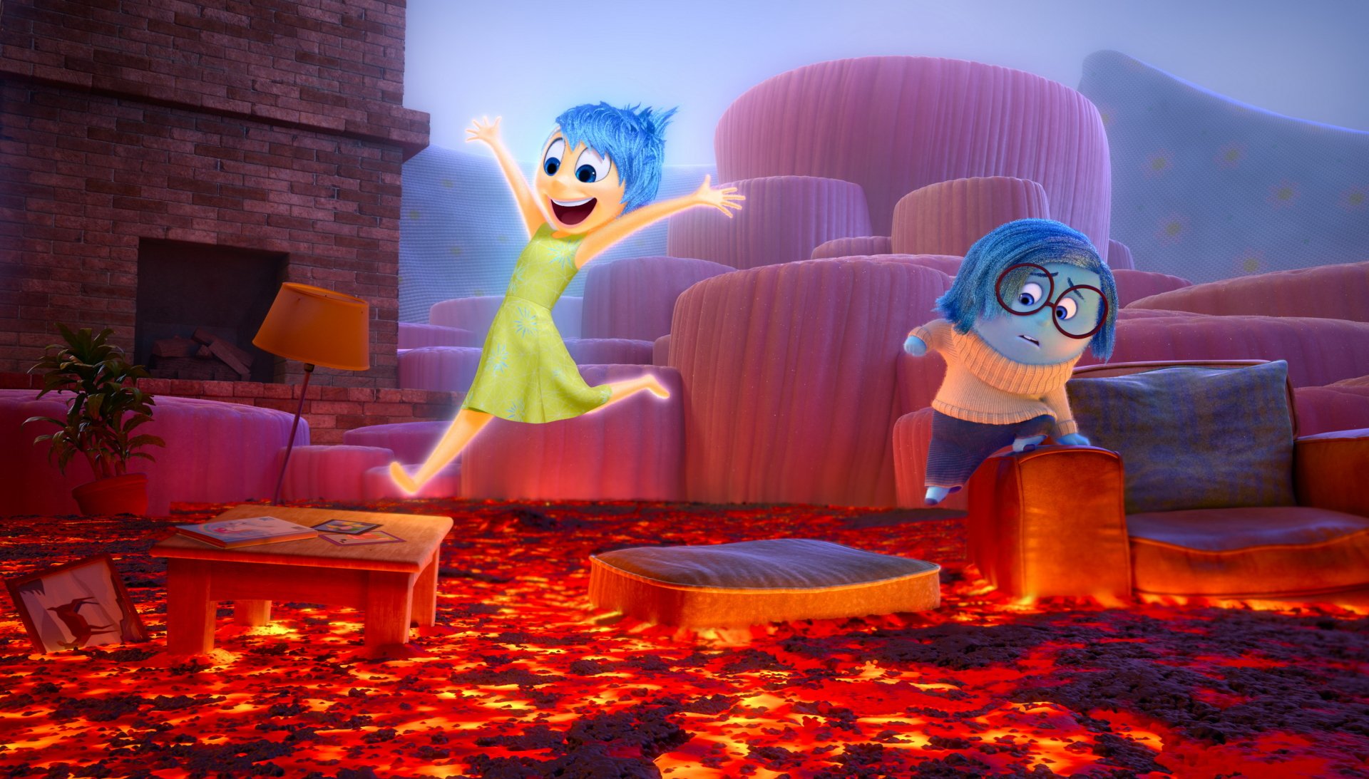 HD desktop wallpaper featuring Joy and Sadness from the movie Inside Out, depicting the characters navigating a glowing lava-filled room.