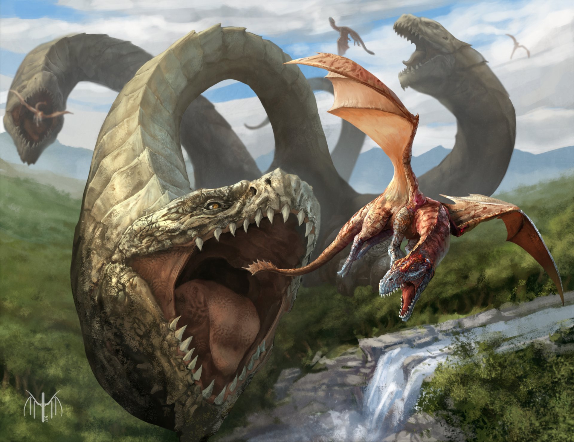 A dynamic fantasy scene featuring a fierce dragon facing off against a massive serpent, set against a lush landscape, creating an engaging HD PC desktop wallpaper.