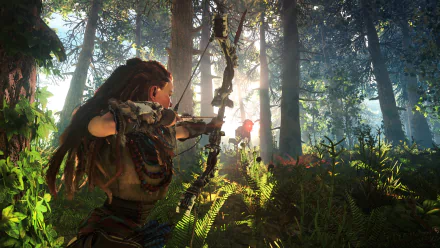 Aloy from Horizon Zero Dawn stands poised in a lush forest, bow drawn, as sunlight filters through the trees. This HD wallpaper captures the essence of adventure in the Horizon series.