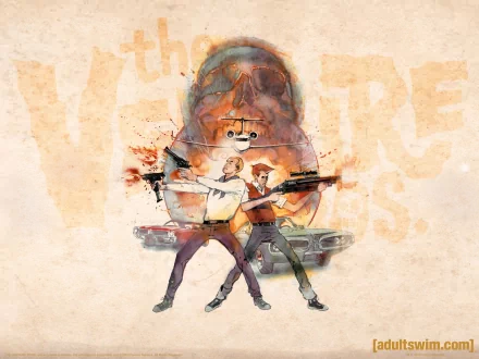 HD desktop wallpaper featuring characters from the TV show The Venture Bros. in an action pose with a faded skull and vintage car background.