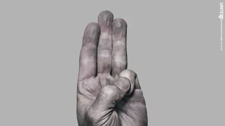 Close-up three-finger salute hand from The Hunger Games: Mockingjay - Part 2 on a gray background, 2K Quad HD PC desktop wallpaper and background.