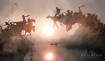 HD PC desktop wallpaper from the video game Hellblade: Senua's Sacrifice, featuring an epic, misty scene of warriors leaping on horseback over a reflective body of water at sunrise.