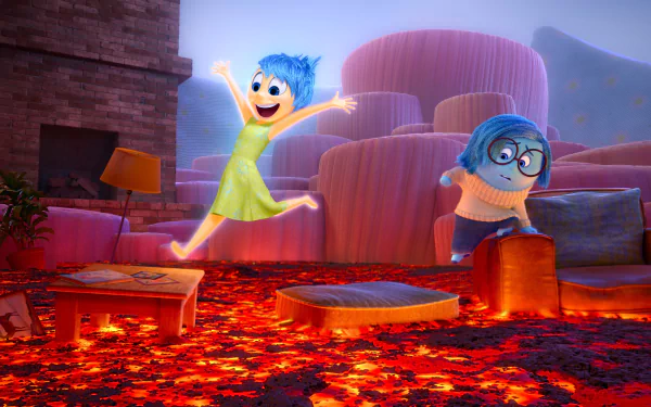 HD desktop wallpaper featuring Joy and Sadness from the movie Inside Out, depicting the characters navigating a glowing lava-filled room.