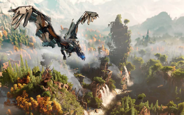 A stunning HD desktop wallpaper featuring a robotic creature soaring over lush, vibrant landscapes from the video game Horizon Zero Dawn, highlighting its breathtaking environments.