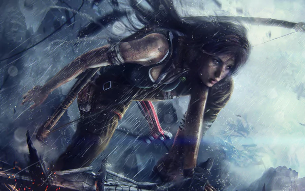 High-definition wallpaper featuring Lara Croft from the 2013 video game Tomb Raider, showcasing action and adventure in a dramatic, atmospheric setting.