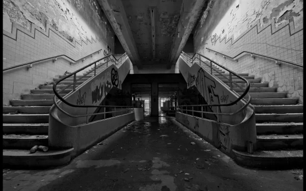 4K Ultra HD PC desktop wallpaper and background: man-made dual staircases in a decaying tiled interior, black-and-white symmetry converging toward a dark central corridor.