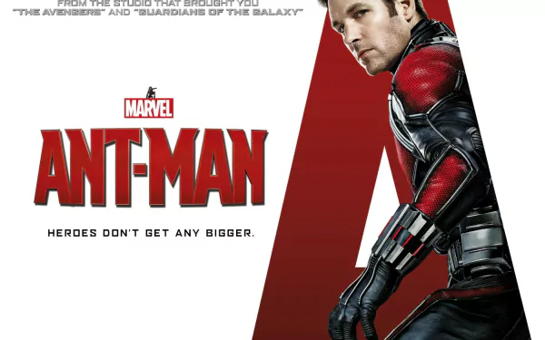 HD PC desktop wallpaper featuring Marvel's Ant-Man in his suit against a red and white background, with the movie title and tagline displayed.