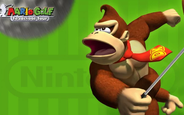 HD PC desktop wallpaper showing Donkey Kong mid-swing with a golf club and the Mario Golf: Toadstool Tour logo on a green background.