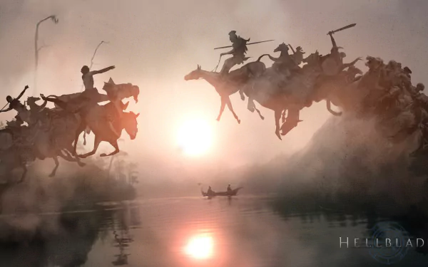 HD PC desktop wallpaper from the video game Hellblade: Senua's Sacrifice, featuring an epic, misty scene of warriors leaping on horseback over a reflective body of water at sunrise.