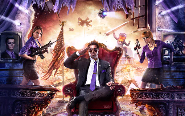 HD PC desktop wallpaper featuring a bold Saints Row IV scene with characters wielding weapons around a confident man seated in a throne amidst dynamic urban chaos.