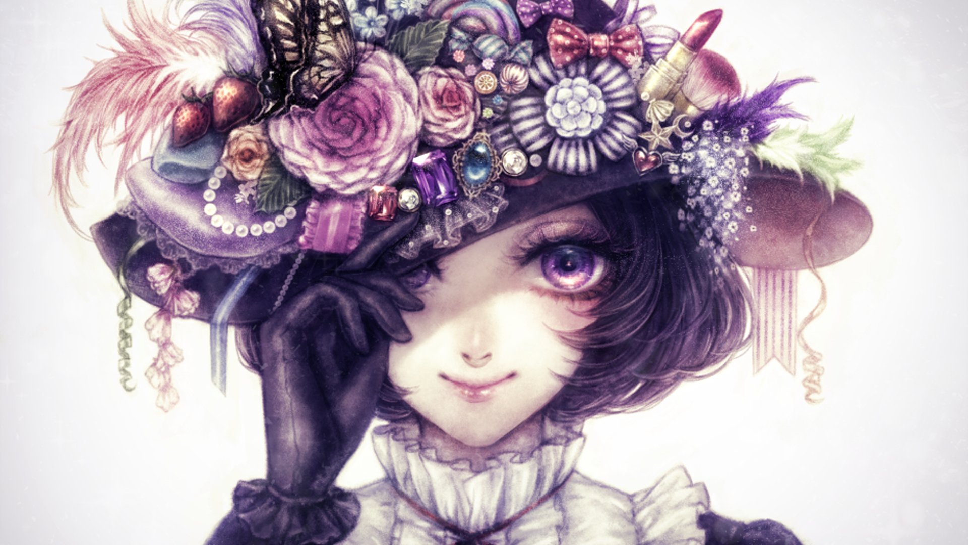 HD anime desktop wallpaper featuring an original character with violet eyes, wearing an elaborate floral hat adorned with pearls, gems, and butterflies.