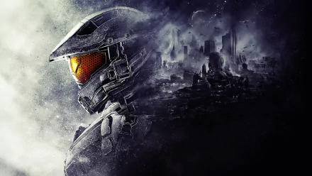 HD wallpaper featuring Master Chief from the video game Halo 5: Guardians, with a dramatic backdrop showcasing a futuristic cityscape.