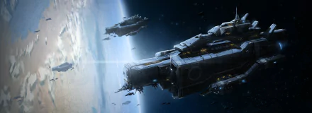 A stunning HD wallpaper showcasing a futuristic spaceship hovering near Earth, set against a cosmic backdrop, capturing the essence of a sci-fi invasion in space.