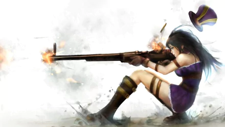 HD desktop wallpaper featuring Caitlyn from League of Legends, depicted in action holding her rifle in a dynamic pose with a smoky, intense background.