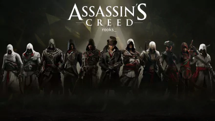 HD desktop wallpaper of Assassin's Creed: Syndicate featuring various characters from the game, standing in a lineup with a dark background.