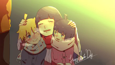 HD wallpaper of Naruto Uzumaki, Hinata Hyuga, Boruto Uzumaki, and Himawari Uzumaki from Boruto: Naruto the Movie, warmly embracing in a tender family moment.