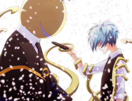 HD desktop wallpaper of Koro-sensei and Nagisa Shiota from Assassination Classroom. They are depicted with a serene background of falling cherry blossom petals, highlighting their anime characters in vibrant colors.