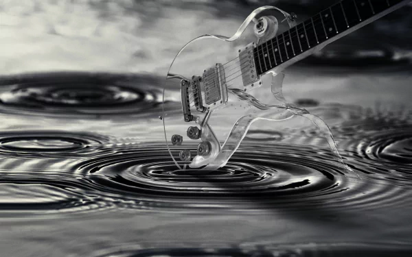 A transparent guitar floating above water ripples in a black-and-white 4K Ultra HD desktop wallpaper blending music and surrealism.
