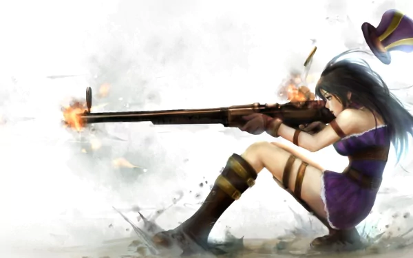 HD desktop wallpaper featuring Caitlyn from League of Legends, depicted in action holding her rifle in a dynamic pose with a smoky, intense background.