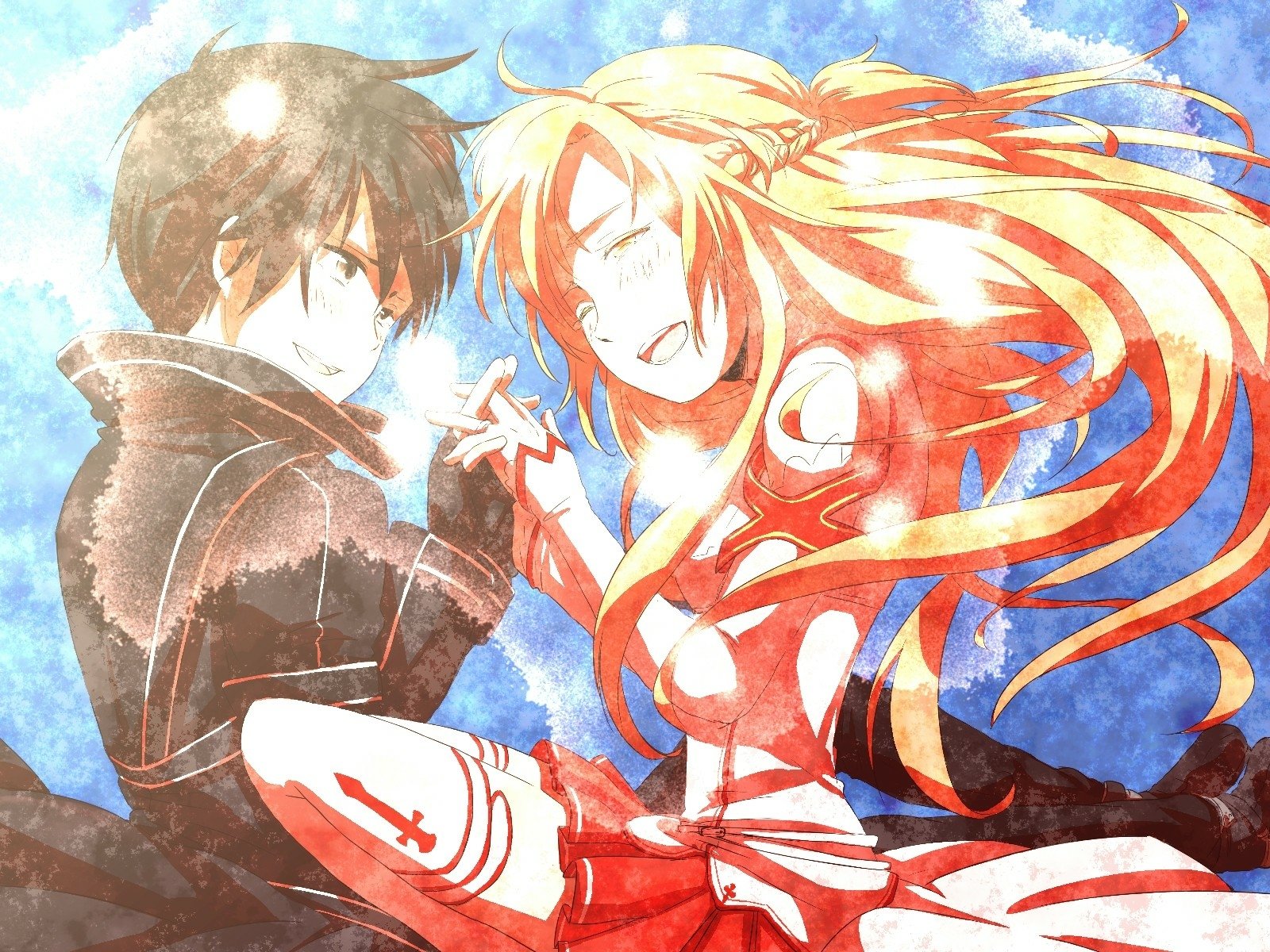 A vibrant HD wallpaper featuring Asuna Yuuki and Kirito from Sword Art Online, capturing a dynamic moment between the two iconic anime characters.