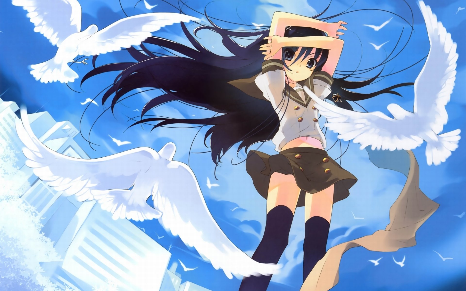 HD anime desktop wallpaper featuring Shakugan No Shana character with long dark hair, surrounded by white birds against a bright blue sky.
