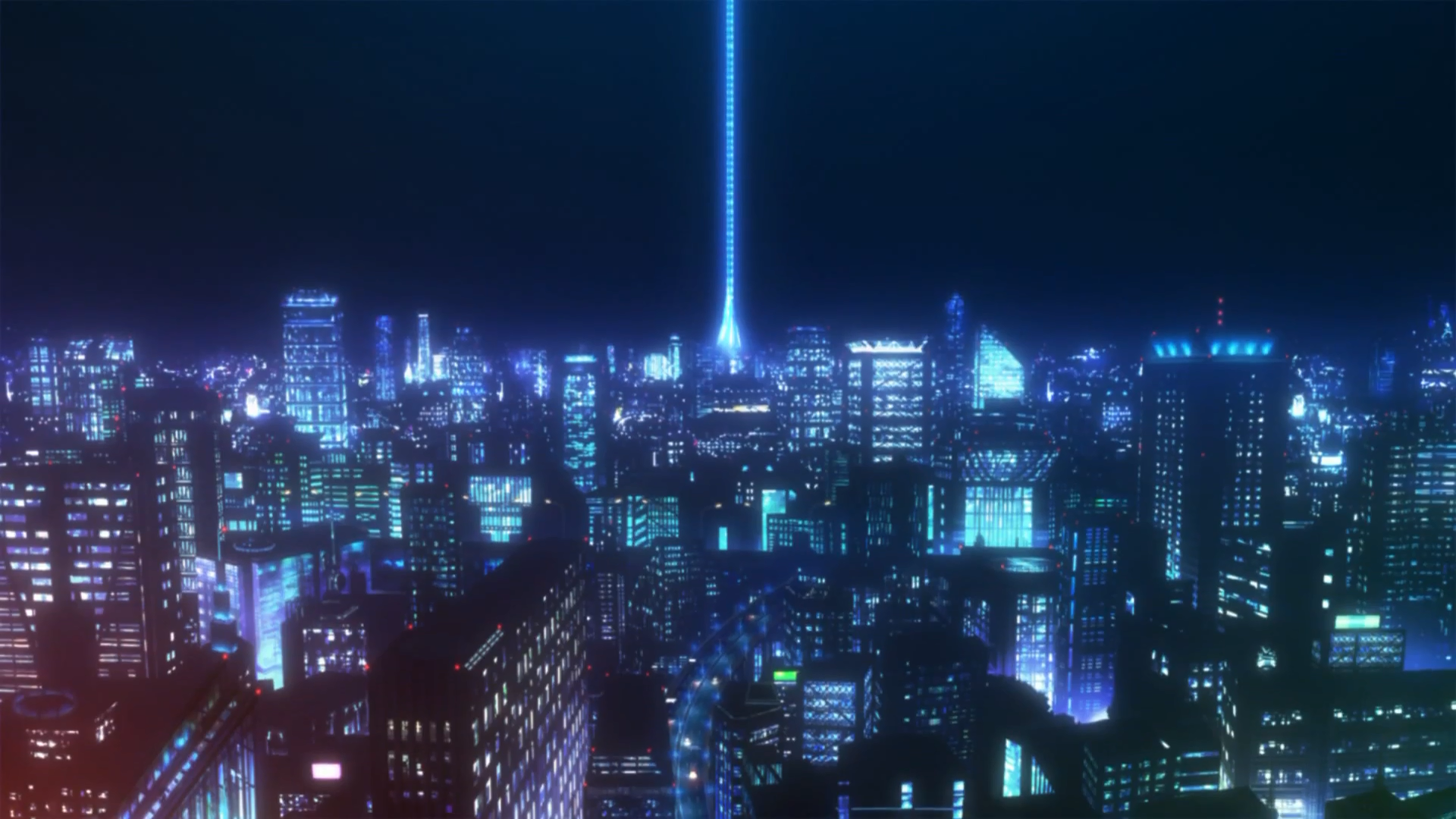 HD PC desktop wallpaper of a glowing cityscape at night from the anime A Certain Scientific Railgun, featuring neon-lit buildings and a striking vertical light beam.