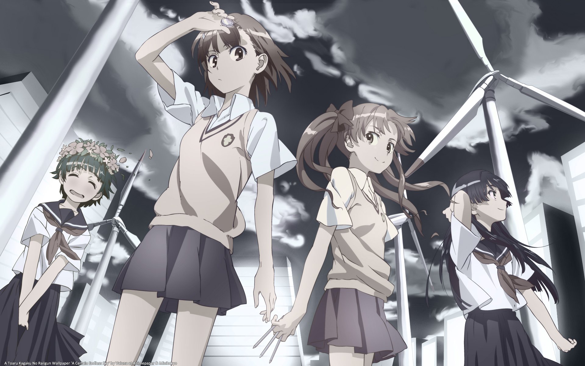 HD anime wallpaper featuring Kazari Uiharu, Ruiko Saten, Kuroko Shirai, and Mikoto Misaka in school uniforms with skirts, set against a backdrop of wind turbines and a cloudy sky.