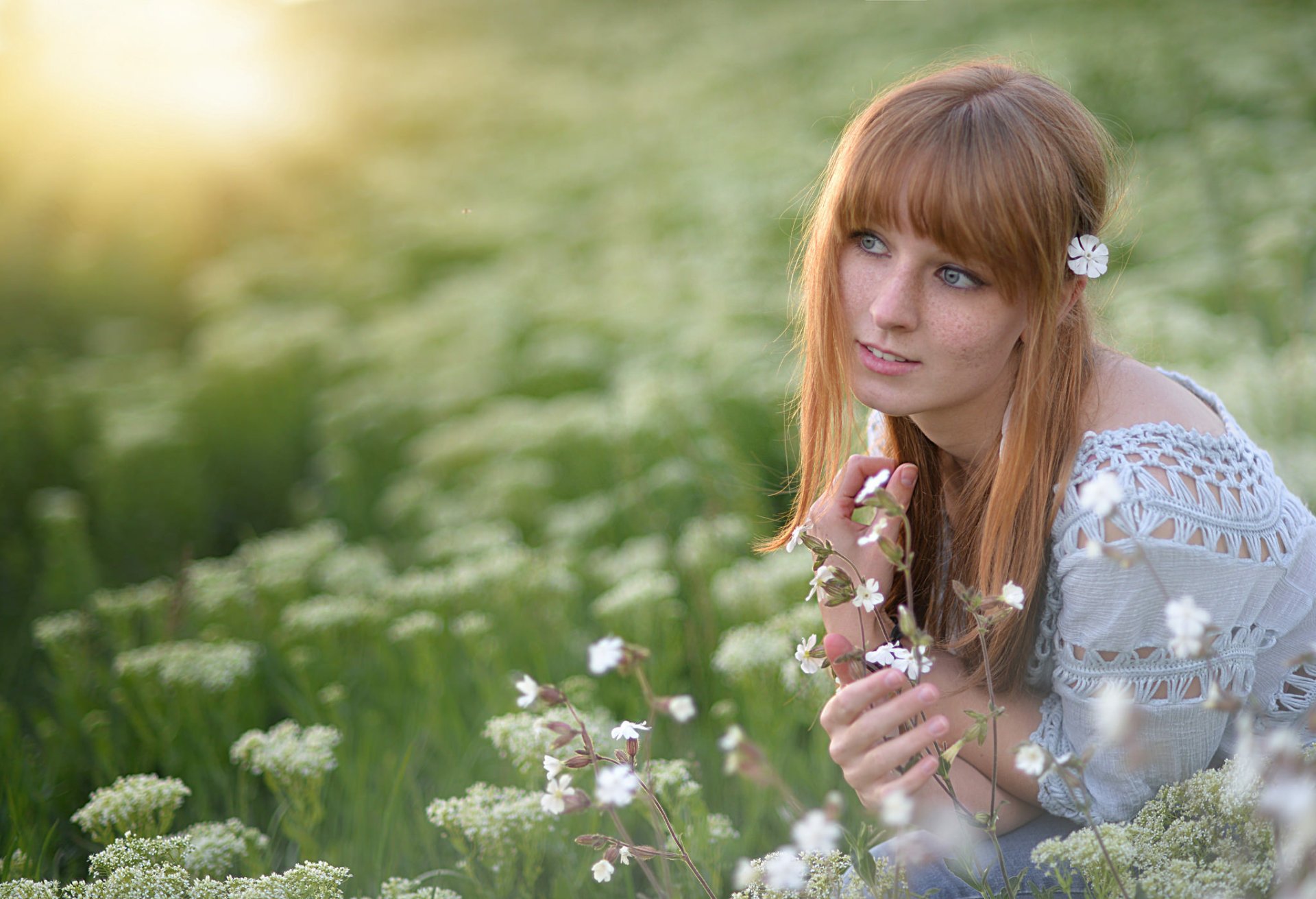 Download White Flower Freckles Blue Eyes Redhead Outdoor Bokeh Model ...