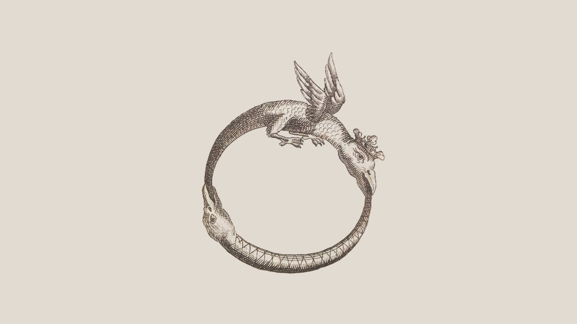 HD fantasy PC wallpaper featuring a detailed ouroboros with a dragon-like creature biting its own tail in a continuous circular design on a plain background.