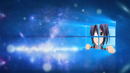 HD desktop wallpaper featuring Rikka Takanashi from Love Chunibyo & Other Delusions peeking through a Windows 10 logo against a starry galaxy background.