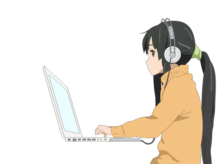 HD PC desktop wallpaper featuring Mio Akiyama from the anime K-ON!, shown in profile wearing headphones and using a laptop.