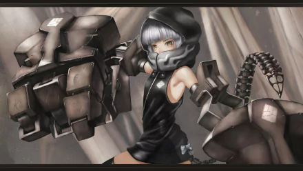Anime HD desktop wallpaper of Strength from Black Rock Shooter: armored girl with short gray hair, black hood and massive mechanical gauntlets against a muted background.
