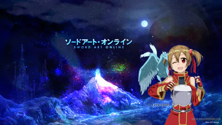 HD background featuring Silica and her pet Pina from Sword Art Online, set against a vibrant, magical landscape with the title in both English and Japanese.