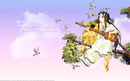 Anime HD PC desktop wallpaper/background — Ah! My Goddess: serene goddess in a white dress sits on a tree branch playing a lute, surrounded by small birds against a pastel pink-purple sky.