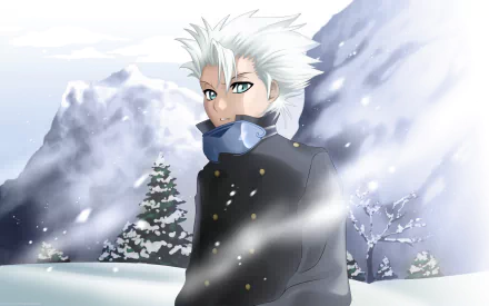 Tōshirō Hitsugaya from the anime Bleach stands in a snowy landscape, showcasing his distinctive white hair and blue scarf, set against a backdrop of mountains and trees.