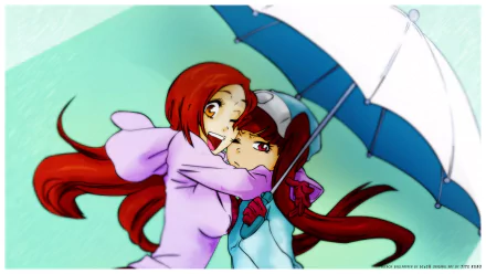 HD anime wallpaper featuring Riruka Dokugamine and Orihime Inoue from Bleach, sharing a joyful moment under an umbrella.