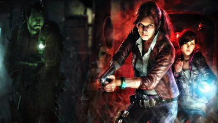 HD wallpaper from Resident Evil: Revelations 2 featuring characters in a tense, dark environment, ready for action against a backdrop of dramatic lighting and suspenseful atmosphere.