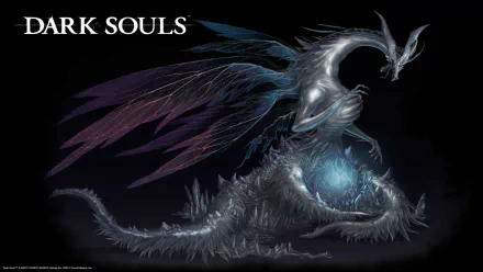 HD PC wallpaper of Seath the Scaleless from the video game Dark Souls, a spectral white dragon coiled on a dark background with a glowing crystal core.